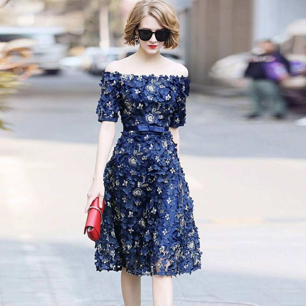 Dida Bole "Runway Butterfly" A-Line Boat Neck Short Sleeve Midi Embroidery Flora